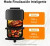 A dual-compartment air fryer with food in each compartment, accompanied by text describing its features. Produktbild-Vorschau
