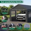 A car parked inside a gray tent garage, with close-up insets showing product features. Produktbild-Vorschau