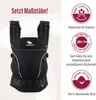A black baby carrier with marketing text and icons on a light background. Produktbild-Vorschau