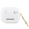 A white silicone case for AirPods Pro with a gold carabiner clip attached. Produktbild-Vorschau