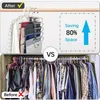 A collage comparing the space-saving benefits of a multi-pant hanger with a crowded closet. Anteprima dell’immagine prodotto