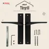 A product image featuring black door handles and their accessories against a light beige background with decorative elements. Produktbild-Vorschau