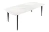 A white marble ceramic dining table with black metal legs, shown from a diagonal angle against a white background. Produktbild-Vorschau