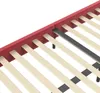 A close-up view of a bed frame's slatted base and red upholstered side. Produktbild-Vorschau