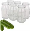 A group of empty glass jars and two cucumbers are arranged on a white background. Podgląd zdjęcia produktu