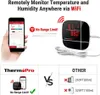 Collage showing a smartphone displaying temperature and humidity data, a ThermoPro wireless thermometer, and comparison graphics against 'OTHER' products. Produktbild-Vorschau