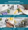Collage of four images showing the steps to apply a self-adhesive kitchen backsplash. Produktbild-Vorschau