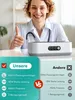 A doctor giving a thumbs up next to an ultrasonic cleaner, with a comparison chart of features. Produktbild-Vorschau