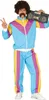A man wearing a colorful 80s-style tracksuit and afro wig, holding a boombox over his shoulder. Produktbild-Vorschau