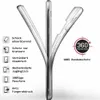 A transparent phone case is shown from the side, with text and icons describing its features. Produktbild-Vorschau