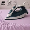 An iron is shown on a pink bedsheet, with icons indicating ironing and wrinkle-free properties. Produktbild-Vorschau
