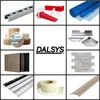 A collage of various construction and renovation materials, including metal profiles, tile leveling tools, rolls of material, wood panels, tile samples, corner profiles, tape, and trim. Produktbild-Vorschau