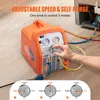A person is shown adjusting a knob on an orange refrigerant recovery machine, with hoses connected to a refrigerator. Below the machine, there are three diagrams illustrating different settings. Podgląd zdjęcia produktu