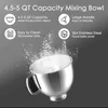 A stainless steel mixing bowl with flour being thrown into it, surrounded by marketing text and icons. Produktbild-Vorschau