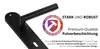 A black door handle with a plate is shown on a white background, with marketing text and a seal of quality. Produktbild-Vorschau