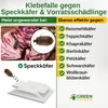 A marketing image for a sticky trap designed to catch various types of pests, including speckkäfer (carpet beetles) and pantry pests. It shows images of the pests, the trap, and lists the types of insects it is effective against. Produktbild-Vorschau