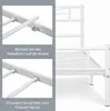 Close-up views of a white metal bed frame assembly with instructional text. Produktbild-Vorschau