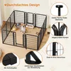 A dog is inside a black metal playpen, with various close-up shots of the playpen's features around it. Produktbild-Vorschau