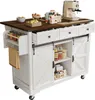 A kitchen island with a wooden top, sliding doors, and drawers, filled with various kitchen items and a coffee machine. Podgląd zdjęcia produktu