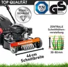 A lawnmower with various marketing graphics and text highlighting its features. Produktbild-Vorschau