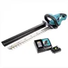 A cordless hedge trimmer with its battery and charger are displayed on a white background. Produktbild-Vorschau