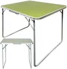 Two folding tables are shown against a white background. The larger table in the foreground is open and has a green top and silver legs. A smaller, folded table is visible below it. Produktbild-Vorschau