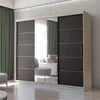 A modern sliding door wardrobe with a mirrored section, set in a well-lit room with green curtains and a sofa visible in the reflection. Produktbild-Vorschau
