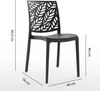 A black polypropylene chair with a leaf pattern on the backrest, shown with dimensions indicated by lines and text. Anteprima dell’immagine prodotto