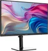 A black MSI monitor with a colorful abstract wallpaper displayed on its screen, shown from a front-side angle on a white background. Produktbild-Vorschau