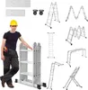 A collage of images showing a multi-purpose ladder in various configurations, with a person wearing a hard hat standing next to one of the ladder setups.