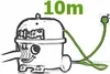 An illustration of a vacuum cleaner plugged into a wall socket, with text indicating a 10-meter cord length. Produktbild-Vorschau
