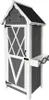 A tall, narrow garden storage cabinet with a pitched roof, a door with decorative white cross-hatching, and a small shelf on the side. Anteprima dell’immagine prodotto