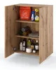 An open wooden cabinet filled with cleaning supplies and towels. Produktbild-Vorschau