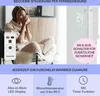 A woman is relaxing in a chair with a mug, and the product's features are highlighted in a collage style. Produktbild-Vorschau