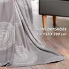 A gray microfiber blanket with a circular dotted pattern is draped over a wooden floor, partially obscuring a dark gray armchair. Text indicating size information is overlaid on the blanket. Produktbild-Vorschau
