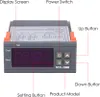 A close-up view of a digital temperature controller with labels pointing to its various parts. Produktbild-Vorschau