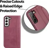 A flip case for a Samsung Galaxy S21 Plus phone is shown, with a close-up inset highlighting the camera cutouts and raised edge protection. Produktbild-Vorschau