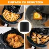 A collage of an air fryer showcasing different foods it can cook, and its parts. Produktbild-Vorschau
