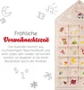 A close-up of a fabric advent calendar with numbered pockets, some with Christmas-themed illustrations, set against a white background. Text describing the product is to the left. Produktbild-Vorschau