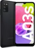 A black Samsung Galaxy A03s smartphone is shown from the back and front, with large white text overlaying the screen. Podgląd zdjęcia produktu