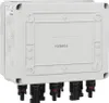 A white solar junction box with black connectors on a white background. Podgląd zdjęcia produktu