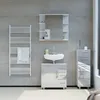 A modern bathroom with a white sink, vanity, and a white towel rack against a gray tiled wall. Náhled obrázku produktu
