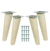 Four wooden furniture legs with metal mounting plates and a set of screws, arranged on a white background. Produktbild-Vorschau