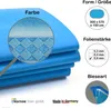 A folded blue pool liner with informational graphics next to it. Produktbild-Vorschau