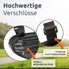 A close-up view of a black bicycle frame bag with text overlays highlighting its features. Produktbild-Vorschau