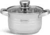 A stainless steel pot with a glass lid and handles, shown from the front on a white background. Produktbild-Vorschau