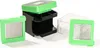 A kitchen gadget for chopping vegetables, shown with interchangeable blades and a collection container. Produktbild-Vorschau