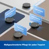 A diagram showing a robot vacuum cleaner interacting with different types of floor coverings. Produktbild-Vorschau