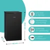 A black Bomann refrigerator with feature callouts and dimensions. Produktbild-Vorschau