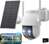 A white outdoor security camera with a solar panel and a smartphone displaying a live feed. Náhled obrázku produktu